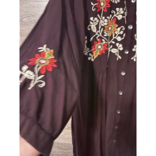 April Cornell tunic blouse Large embroidery brown fall Cottagecore boho Vintage - Image 3