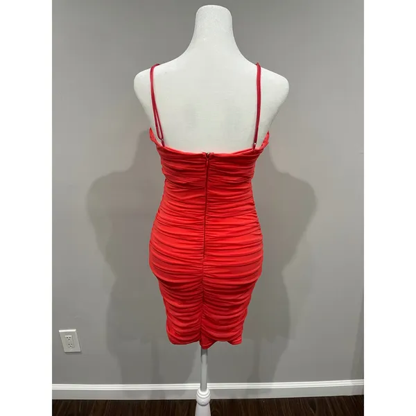 Hello Molly popping champagne Coral Ruched V Neck Spaghetti‎ Strap Mini Dress L - Image 4