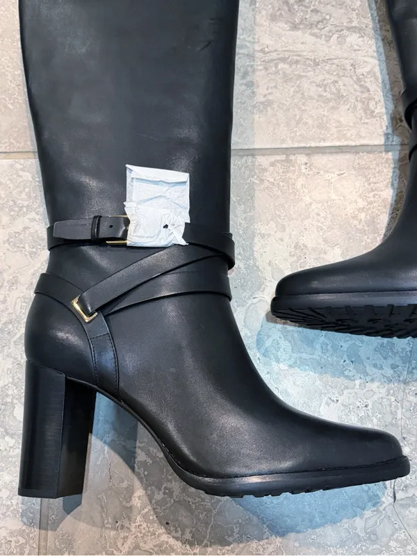 Lauren Ralph Lauren Collins Black Burnished Leather Tall Boot Heel, Size 11, NEW - Image 6