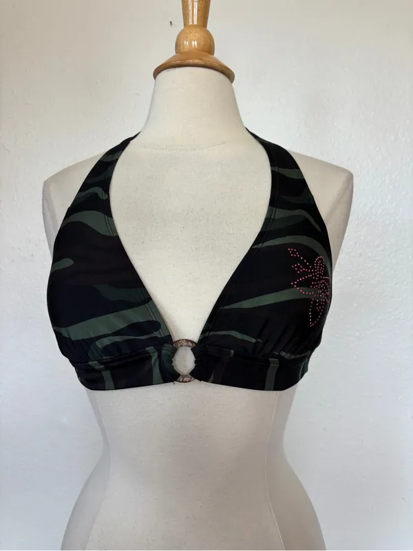 Y2K Camo Pink Triangle Bikini Crop Top Green Size 10 - Image 3