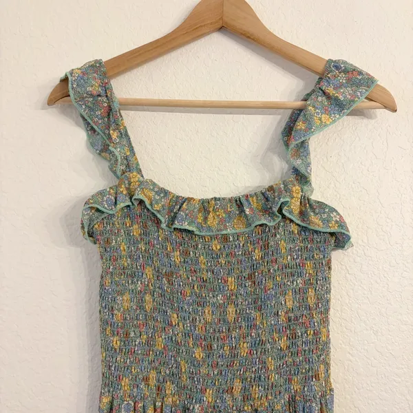 Natural Life Megan Dress M Smocked Ruffle Ditsy Floral Cottagecore Slit Green - Image 3