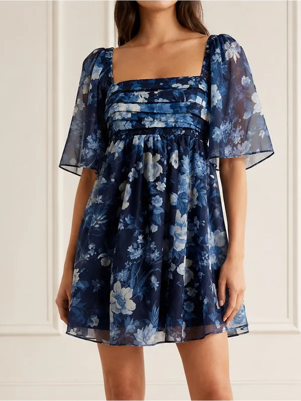 Abercrombie & Fitch Emerson Mini Dress Medium Blue Floral Organza Angel Sleeve - Image 12