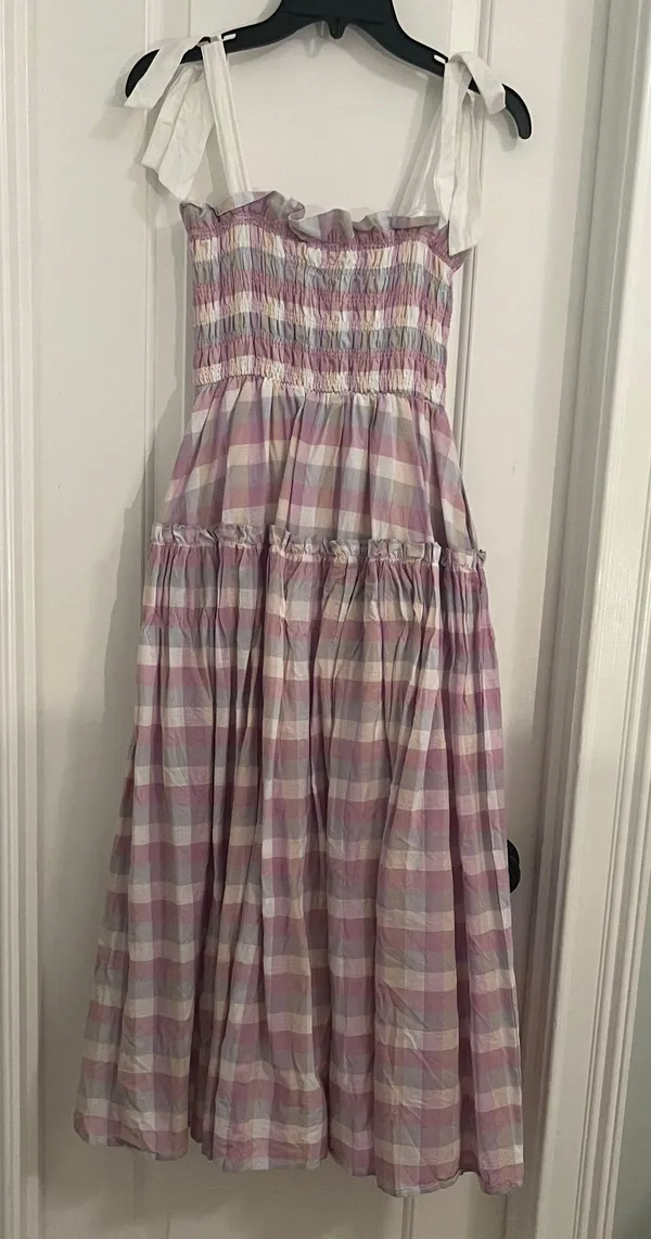 Mable Boutique Midi Purple and Green Pastel Dress Tie Shoulders - Image 3