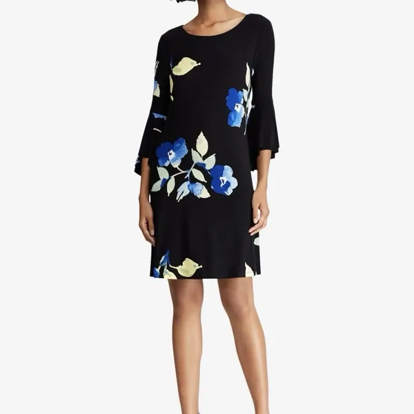 Ralph Lauren Blue Floral Bell‎ Sleeve Stretch Jersey Shift Dress Size 14 - Image 3