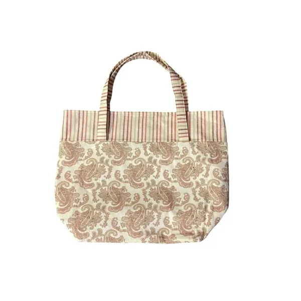 Fabric Tote Used Striped Paisley Gingham Red Beige Excellent Condition - Image 16