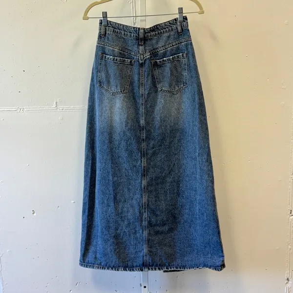 Peppermayo Denim Maxi Skirt Front Slit High Waisted XS Long Jean Skirt Med Wash - Image 2