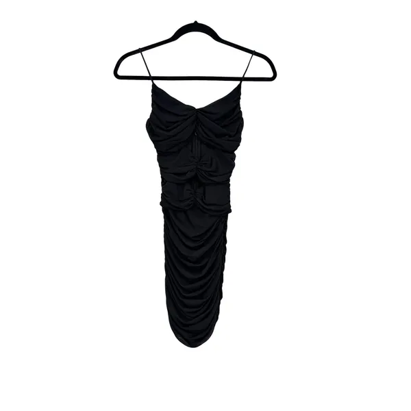 Oh Polly Black Ruched Mesh Cutout Bodycon Midi Dress Spaghetti Strap US 0 - Image 3