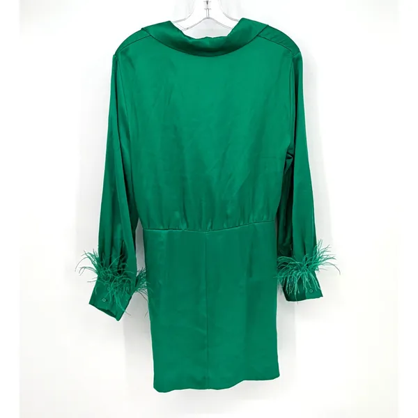 Zara Satin Feather Mini Autumn Wedding Guest Dress‎ Women XL Green Glam Holiday - Image 10