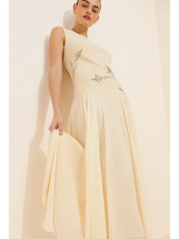 GEISHA DESIGNS Anthropologie Drop Waist Embroidered Maxi Dress in Light Yellow - Image 12