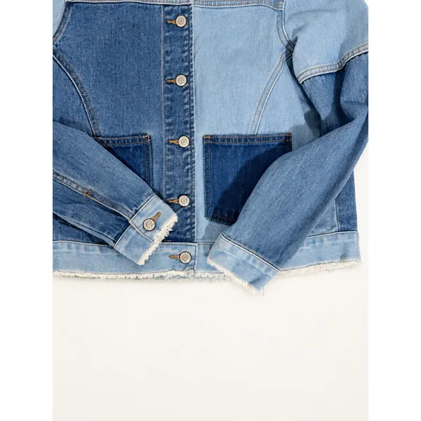 PacSun Womens XS Two-Tone Patchwork Denim Jacket Frayed Hem Blue Cotton Trucker - Image 3