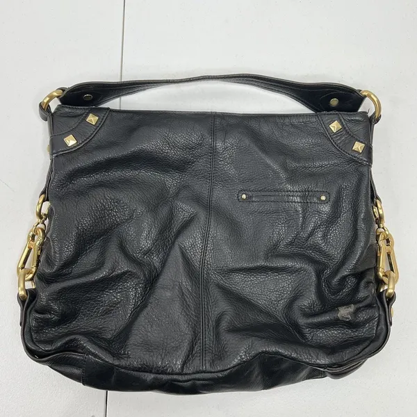 B. Makowsky Large Hobo Shoulder Bag Black Pebbled Leather Studded Gold Hardware - Image 3