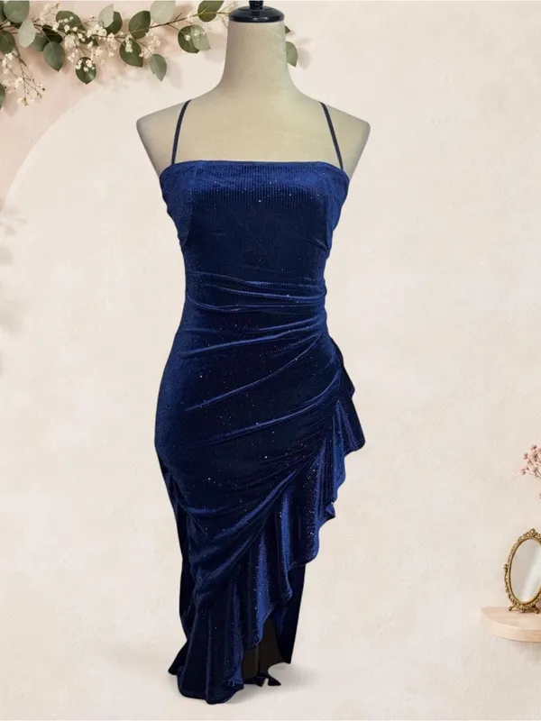 Emerald Sundae XS Navy Blue Glitter Velvet Ruched Ruffle Asymmetric - Image 3