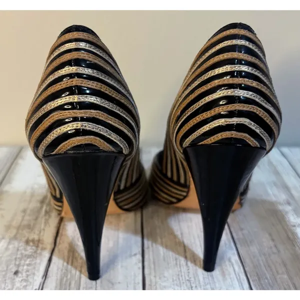 Saks Fifth Avenue Gold, Black, & Silver Peep Toe‎ Heels Size 6 - Image 6