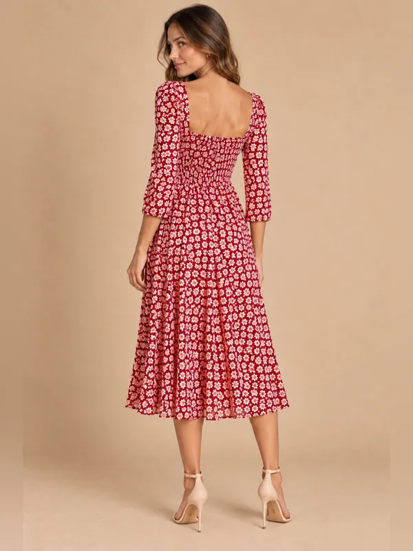Reformation Red Ivory Floral Square Neck 3/4 Sleeve Midi Dress Size 0 Boho Style - Image 5