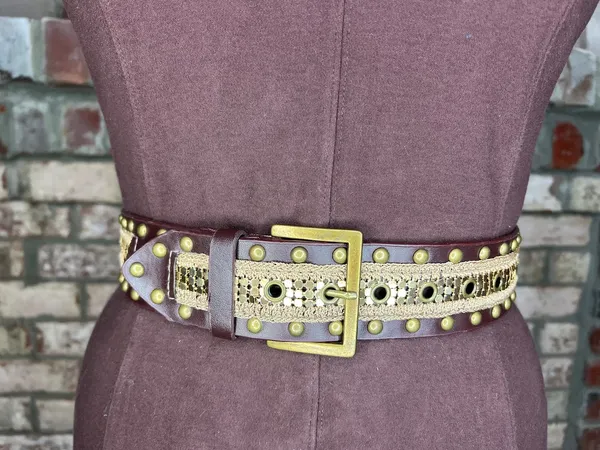 belt y2k leather studded crochet boho brown brass - Image 2