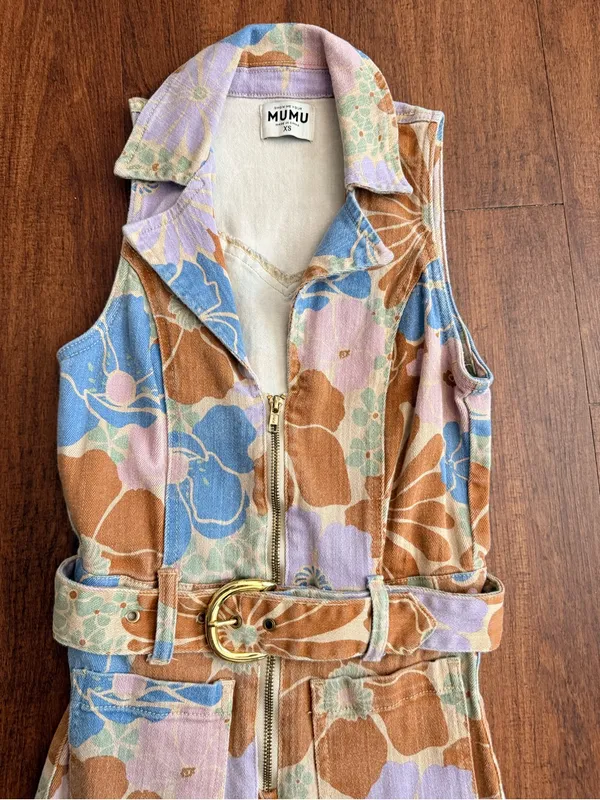Show Me Your MuMu Floral Zip Jacksonville Jumpsuit in Blue, Tan & Lavender - Image 2