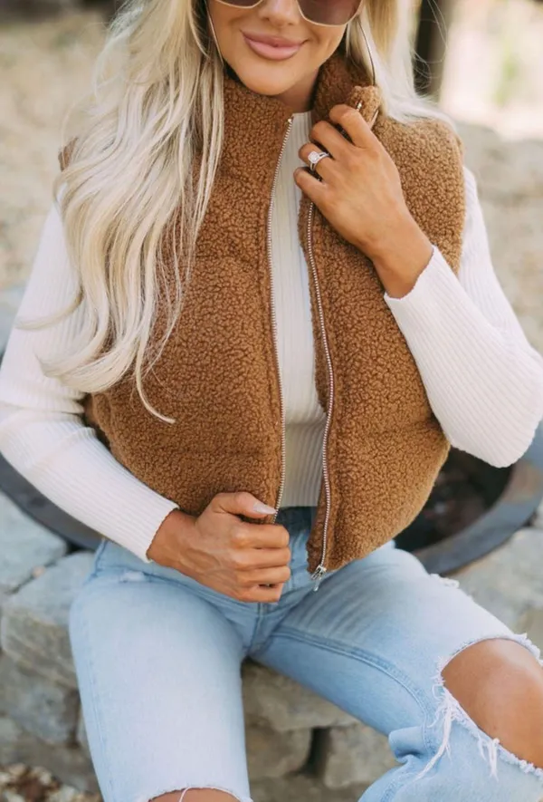 These Three Boutique Shearling Puffer Vest Brown - Image 3