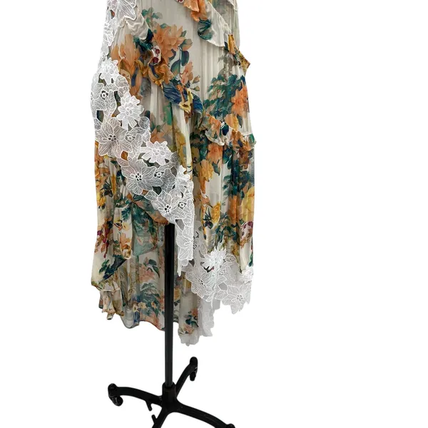 Anthropologie V-Neck Ruffle Lace Slip‎ Dress Floral White Multicolor Size US 4 - Image 6
