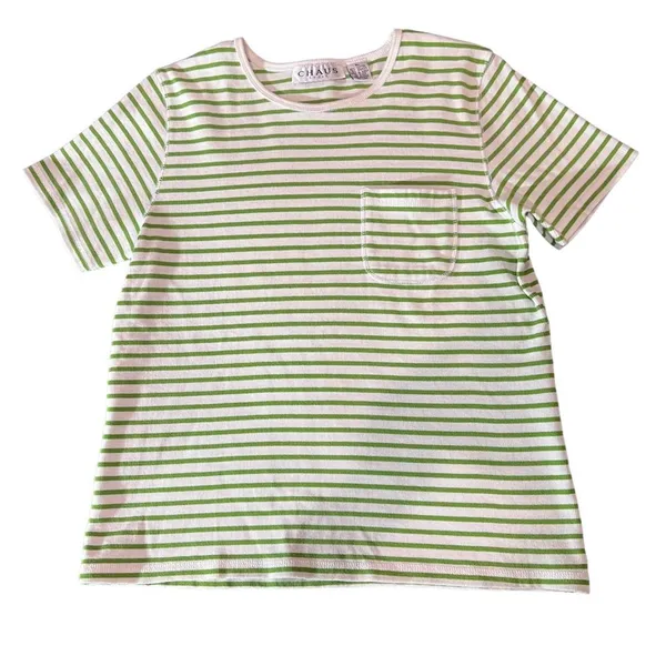 Chaus Sport T-Shirt Womens XL‎ Green & White Striped Chest Pocket Crew Neck - Image 2