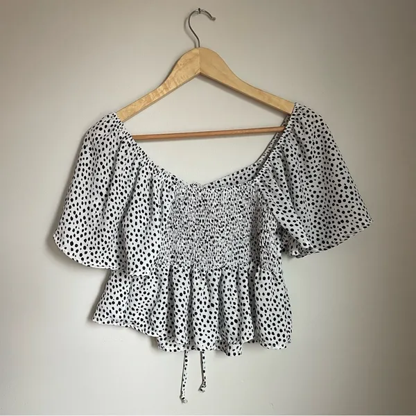 Altar'd State White and Black Puff Sleeve‎ Blouse with Tie Front - Image 2