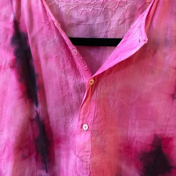 80s Vintage Indian Import V-Neck Tunic – Hand Dyed Pink, Red, Black size L - Image 5