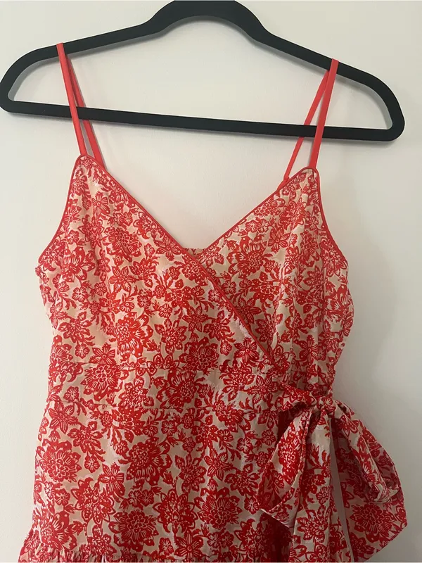 Red Cream Floral Wrap Mini Dress Small Tie Waist Beachy Resort Vacation Summer - Image 2