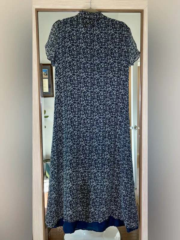 Robbie Bee Vintage 100% Silk blue floral short sleeve midi dress button front L - Image 3