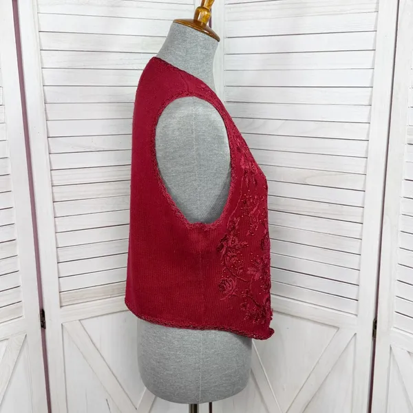 Vintage 90s Heirloom Collectibles Embroidered Beaded Sweater Vest‎ Red Medium - Image 3