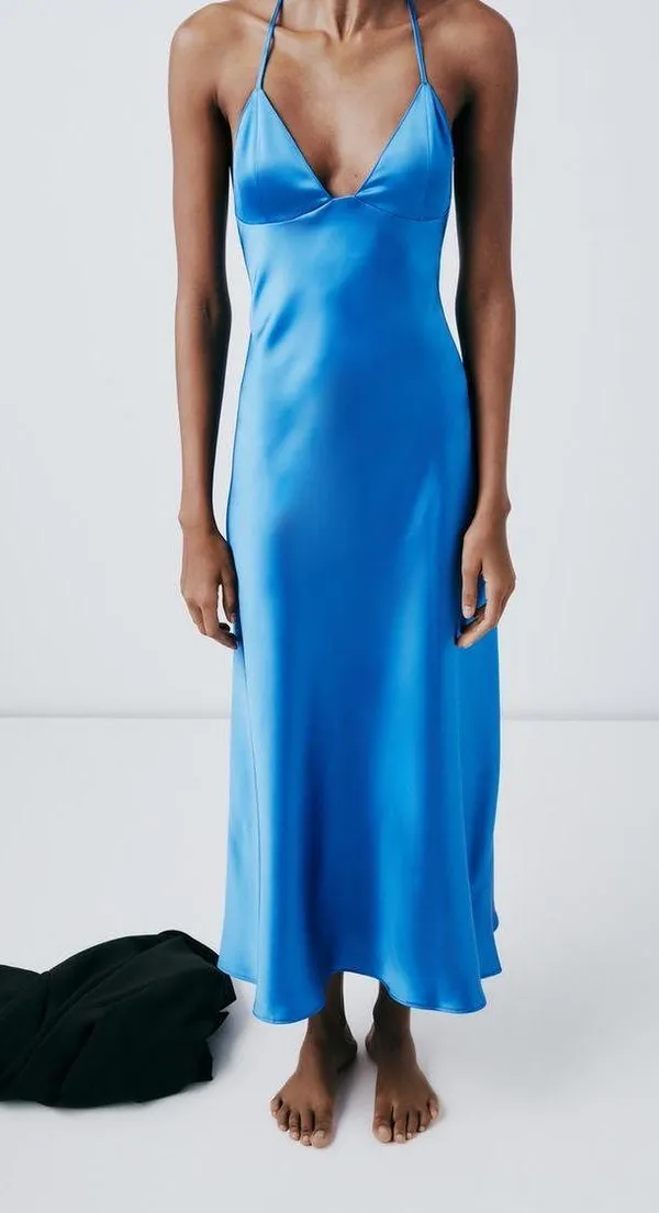 Zara maxi long satin slip blue strappy royal bodycon gown dress evening wedding - Image 14