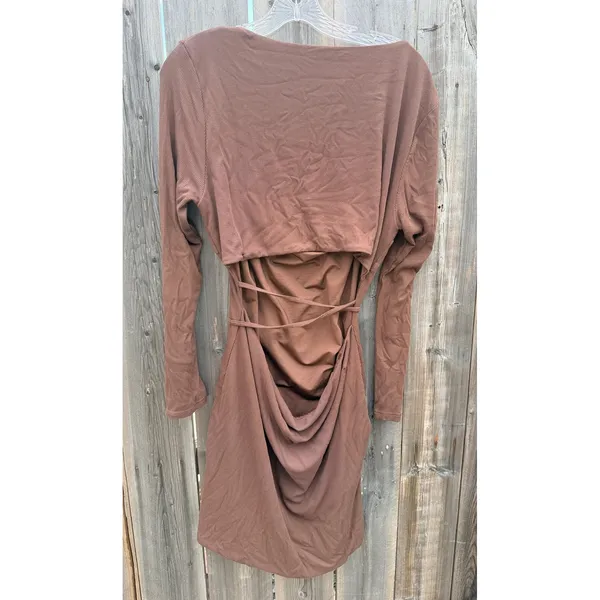 Princess Polly $65 Nolan Long Sleeve Square Neck Ribbed Mini Dress Brown Sz 18 - Image 6