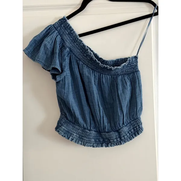 Aerie Blue Denim One Shoulder Ruffle Smocked Crop Top‎ Size M - Image 2