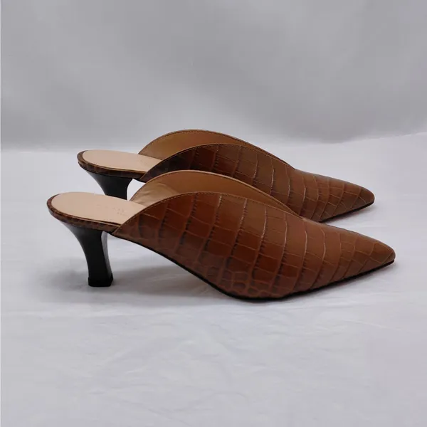 $289 NWT Club Monaco Mule Heels Women's Sz 7 Brown Croc Embossed Pointed Toe - Image 5