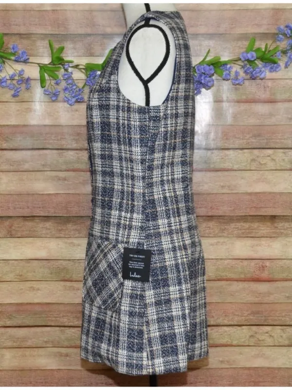 NWT Lulus Posh Arrival Blue Multi Plaid Tweed Mini Dress Size M Academia Preppy - Image 5