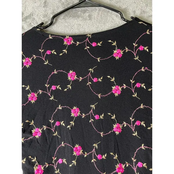 Vintage Y2K Black Pink Rose Floral Mesh V Neck Long Sleeve Top Fairy Grunge S - Image 4
