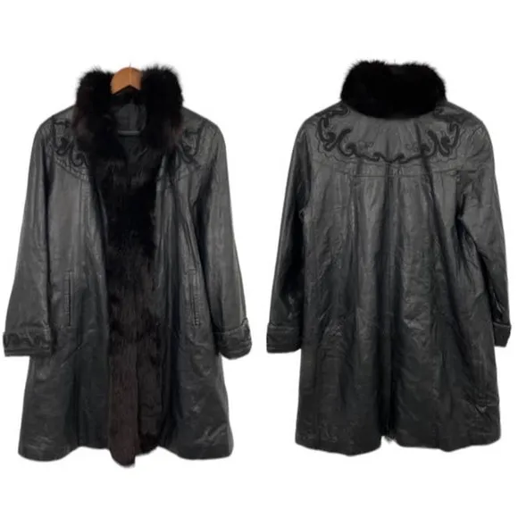 Vintage Leather Penny Lane Style Long Coat Black Real Fur Trim Womens Small - Image 2