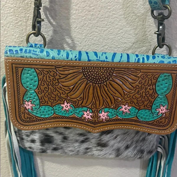 Myra Bag Turquoise and Brown Fringe Crossbody - Image 7