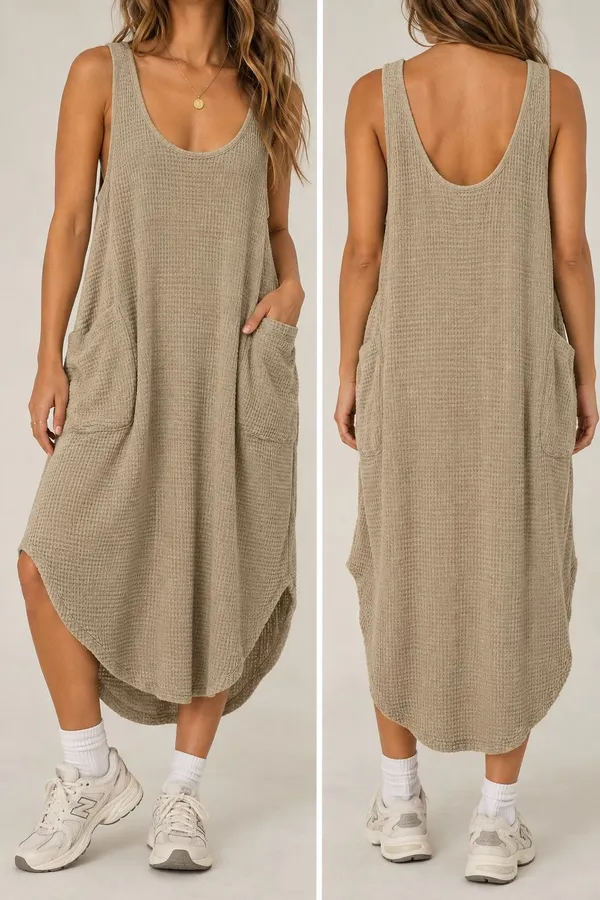 Free People Size S Beige Waffle Knit Midi Dress Oversized Boho Pockets - Image 2