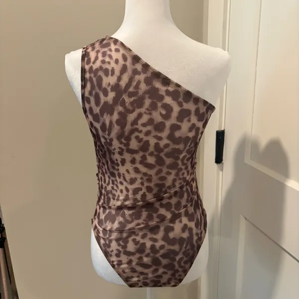 SheIn Leopard Print One Shoulder Bodysuit Mesh Stretch Ruched Medium - Image 2