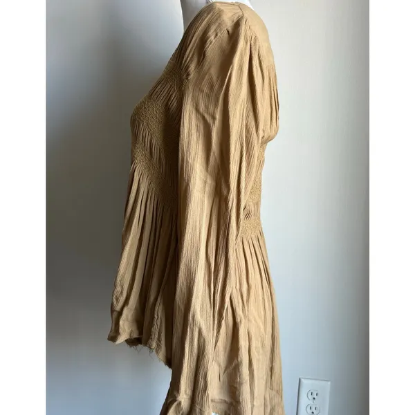 Vintage Free People Olive Green Smocked Button Statement Blouse Boho Size S - Image 3
