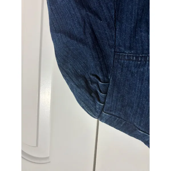 Denim Jacket Puff Sleeve Dark Wash Blue Smocked Back Mock‎ Neck Vintage Style - Image 5