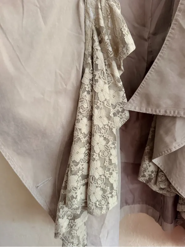 Light Green Draped Trench Coat with Lace Trim - Image 3