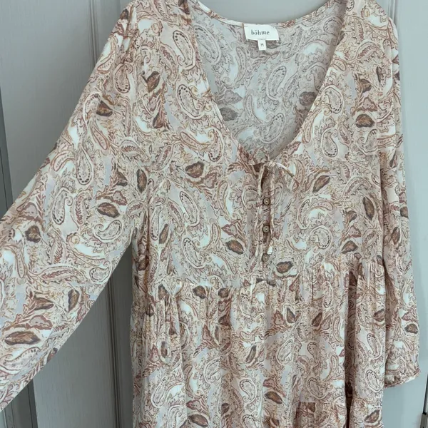 Bohme Womens Paisley Tiered Babydoll Mini‎ Dress Tan Brown V-Neck Rayon FD6018 M - Image 6