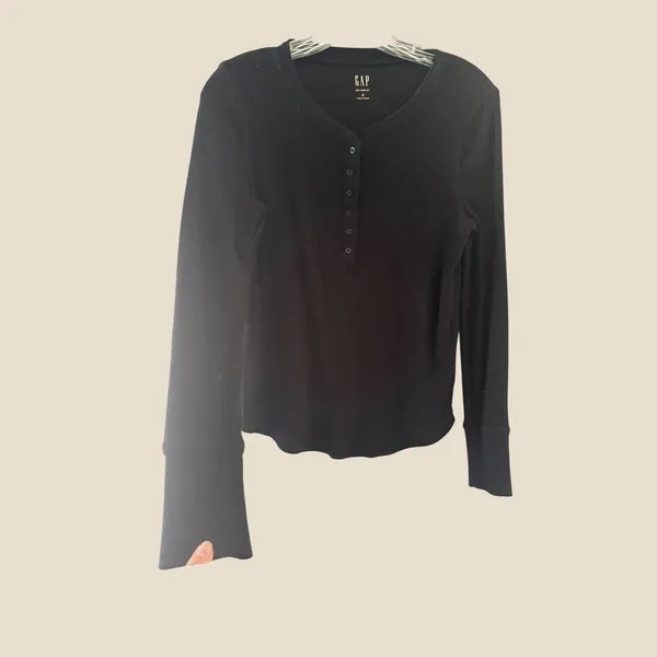 GAP Rib Henley Long Sleeve Shirt Black Slim‎ Fit Curved Hem Small - Image 2