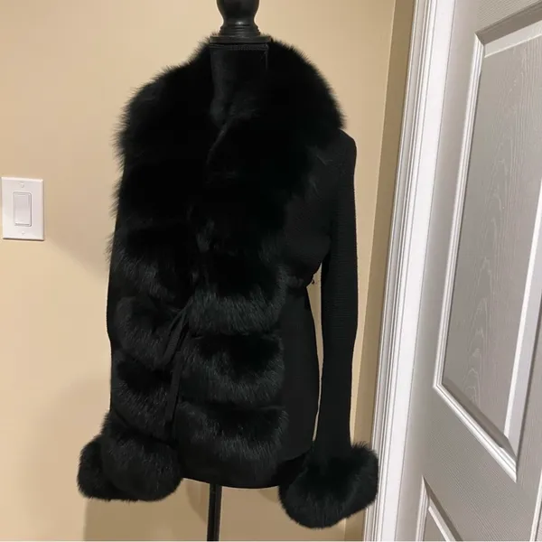 Real fox fur cardigan genuine fur collar trench coat parka jacket wool cape blazer - Image 13