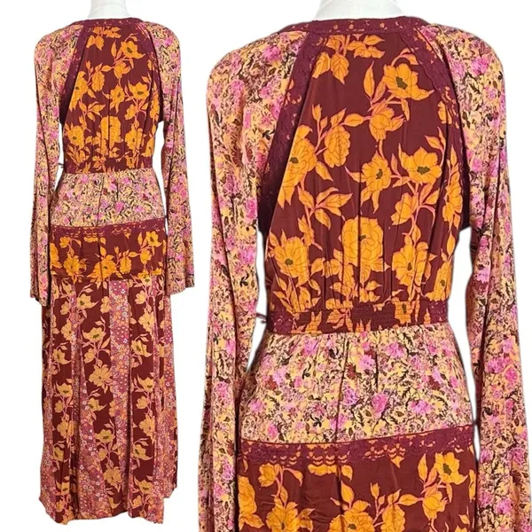 Free People Bohemian Retro 70s Gypsy Floral Tilda Maxi Dress Size Medium - Image 3