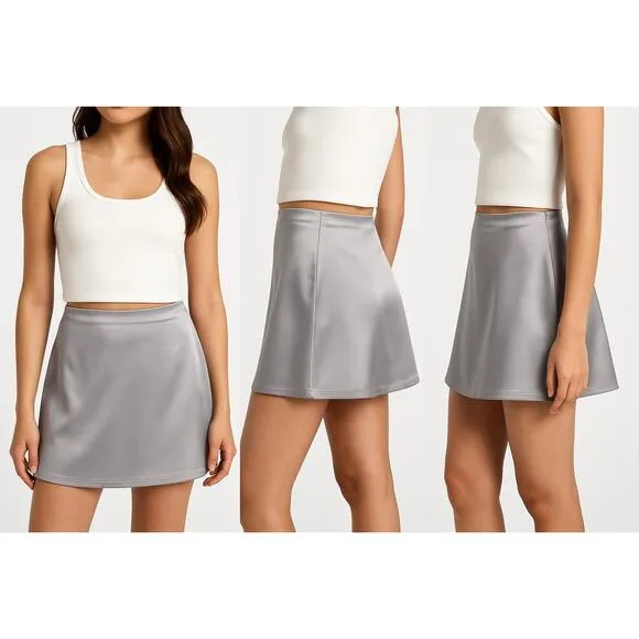 Abercrombie & Fitch Silver Gray Grey Satin Zip Up Mini Skirt Skort Shorts Size S - Image 2