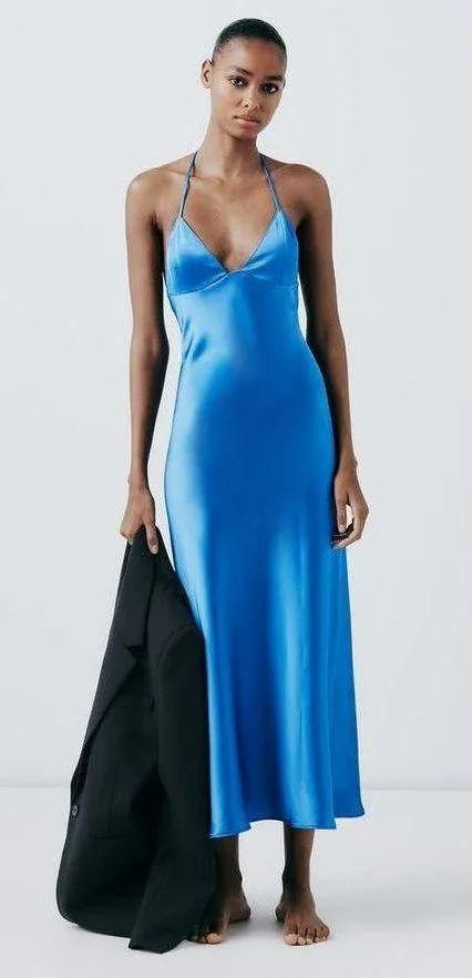 Zara Dress Cobalt Blue Satin Effect Maxi Midi Wedding Party Date Coctail - Image 14
