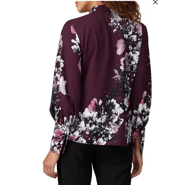Natori Purple Floral Neck Tie Button Down Blouse - Image 2