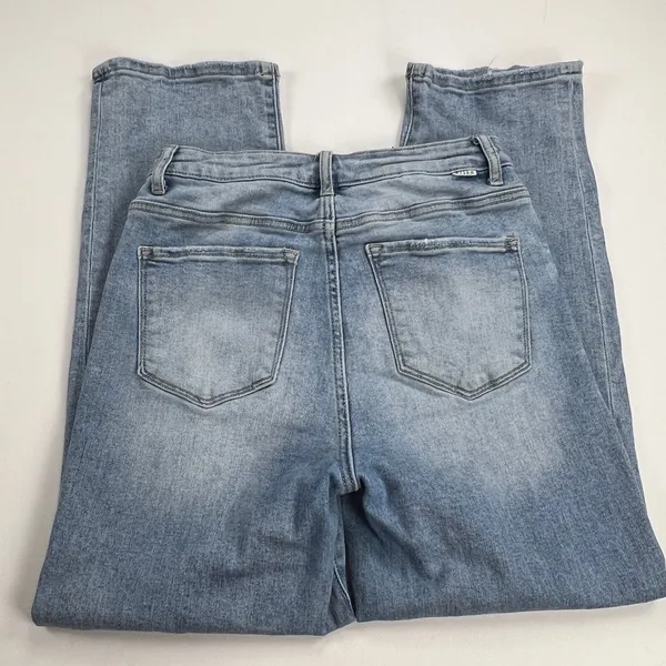 Risen High Rise Crossover Straight Leg Distressed Jeans Light Wash Size 7/28 - Image 4
