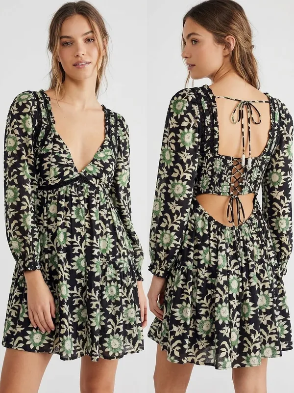 Free People Black and Green Floral Lace-Up Back Mini Dress - Image 2